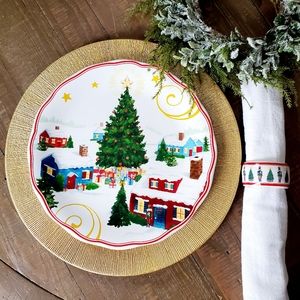 2 Pc Cofton Holiday Gold Charger & Christmas Tree Porcelain Plate Setting
